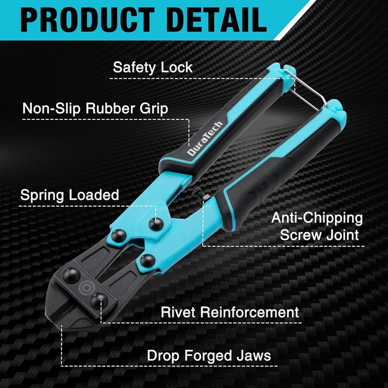 DURATECH 8-inch Mini Bolt Cutter with Bi-Material Ergonomic Handle Grip, Security Lock, Chrome Vanadium Steel Blade for Wire, Cables, Chains, Small Screws - Image 2